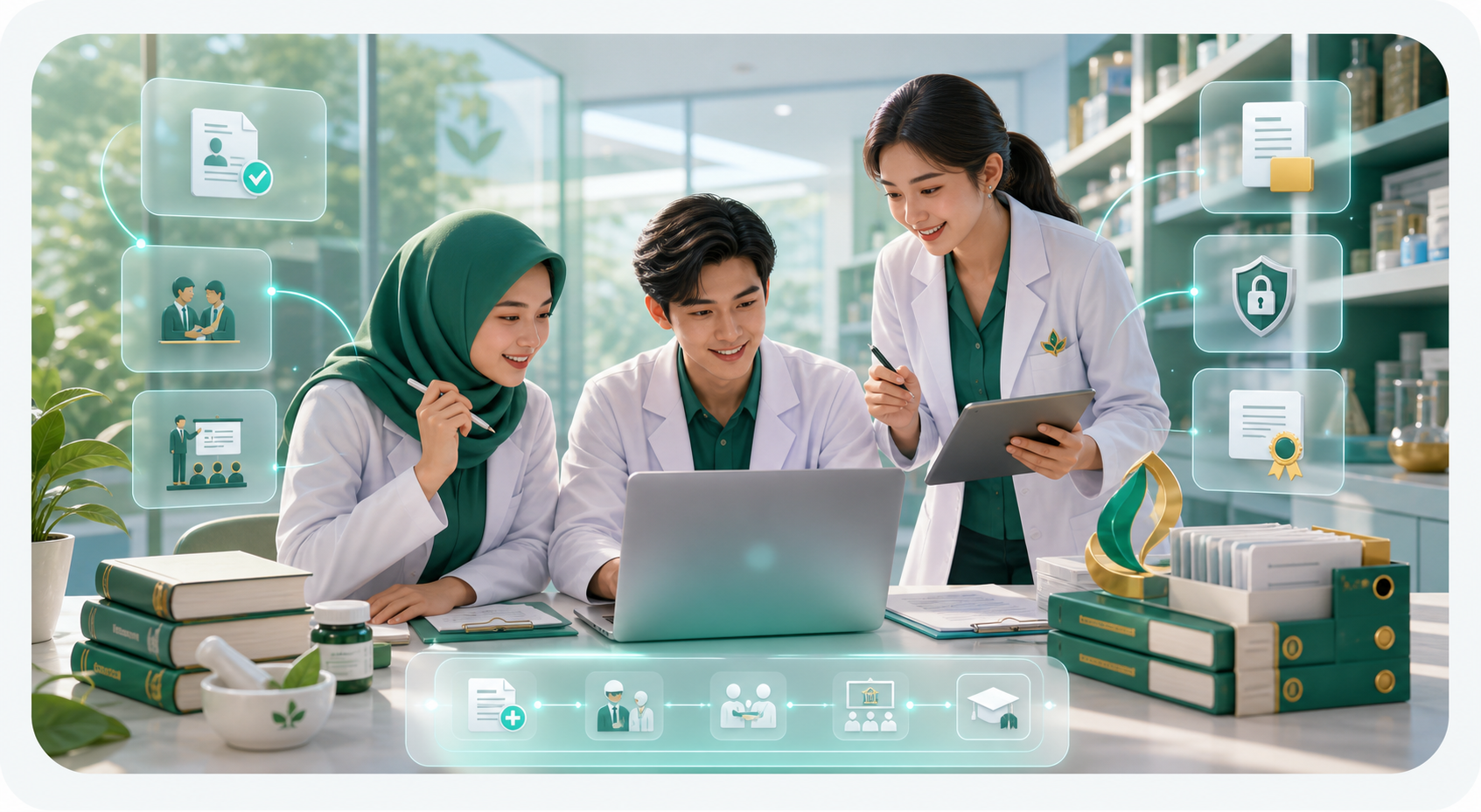 Ilustrasi mahasiswa farmasi memakai laptop, dashboard akademik, dokumen bukti akademik, dan kampus UBP Karawang